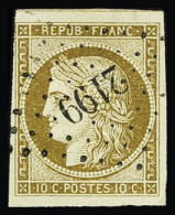 Obl N°1 10c Bistre Jaune, Obl. PC 2199 De Mulhouse, Avec Voisin, Petit Aminci Sinon TB D'aspect - 1849-1850 Ceres