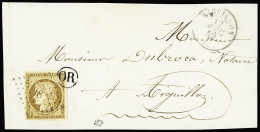 Devant De Lettre N°1 10c Bistre-jaune Obl. PC 18 (T15 12 Avril 1852 Aiguillon, Lot-et-Garonne) ET Cachet OR, Sur Devant  - 1849-1850 Cérès