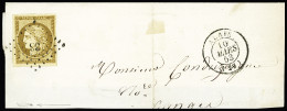 Devant De Lettre N°1 10c Bistre-jaune  Avec Belles Marges, Obl. PC 38 (T15 Du 10 Mars 1853 Alais, Gard) Sur Fragment De  - 1849-1850 Cérès