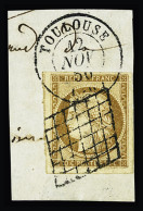 Obl,sur Fragment N°1a 10c Bistre-brun, Obl. Grille Et CàD T15 Toulouse (Haute-Garonne) 12 Nov. 1850 Sur Fragment, Avec V - 1849-1850 Ceres