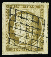 Obl N°1c 10c Bistre Verdâtre Foncé, Obl. Grille, Voisin à Droite, Superbe Nuance, TTB. Signé JF.Brun, Calves - 1849-1850 Ceres