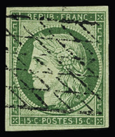 Obl N°2 15c Vert, Obl. Grille Sans Fin, TB. Signé Calves - 1849-1850 Ceres