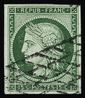 Obl N°2 15c Vert, Grille Sans Fin, TB. Signé A.Brun - 1849-1850 Ceres