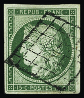 Obl N°2 15c Vert, Obl. Grille, TB. Signé JF.Brun, Calves - 1849-1850 Ceres