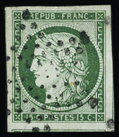 Obl N°2b 15c Vert Foncé, Très Grandes Marges Dont Voisins à Droite, à Gauche Et En Bas, Obl. étoile, TTB. Signé A.Brun - 1849-1850 Cérès