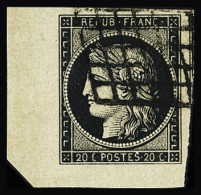 Obl N°3 20c Noir Sur Jaune, Coin De Feuille, Voisin à Droite, Obl. Grille, TTB. Signé JF.Brun, Jamet - 1849-1850 Cérès