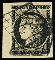 Obl N°3 20c Noir Sur Jaune, Petit Bord De Feuille, Obl. Grille, TB. Signé JF.Brun - 1849-1850 Cérès