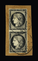 Sur Fragment N°3 20c Noir Sur Jaune En Paire Verticale, Obl. CàD Lyon (Rhône) Fév. 1884 Sur Fragment, TB - 1849-1850 Cérès