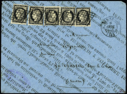 Lettre N°3 20c Noir (x5) Pour Payer Le 3è échelon De Poids à 1F, Obl. Grille Sur Affiche Bleue Pliée Pour Servir D'envel - 1849-1850 Ceres