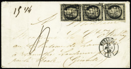 Lettre N°3 En Bande De 3 OBL Grille + T15 "Toulouse (30)" (Haute-Garonne, 1849) Sur Lettre Avec Taxe 4 Manuscrite Et Men - 1849-1850 Ceres