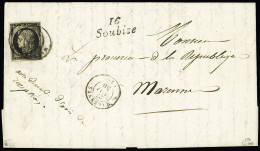 Lettre Càd T15 "Marennes 27 Mai 50" Sur N°3 20c Noir + Cursive "16 Soubize" Sur Lettre Du Commandant De La Garde Nationa - 1849-1850 Cérès
