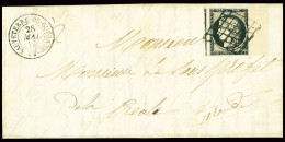 Lettre N°3, Grand BDF à Droite, OBL Grille + T15 "Sauveterre De Guyenne 32" Gironde (1849) Sur Lettre, Ind 18, Au Filet, - 1849-1850 Ceres