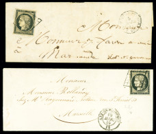 Lettre 2 Lettres AFF N°3 OBL Grille + T15 "Beaumont Du Périgord 23" Dordogne (1849) Et T15 "Aix En Provence 12" (1849),  - 1849-1850 Cérès