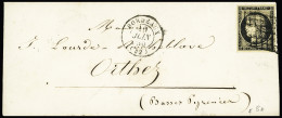 Lettre N°3 20c Noir Sur Lettre Pour Orthez (Pyrénées-Atlantiques), Obl. Grille Plus CàD T15 Bordeaux (Gironde) 10 Juin 1 - 1849-1850 Ceres