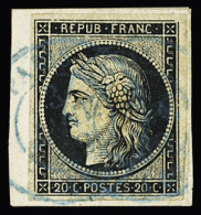 Obl Càd T15 En Bleu Paris 3 Janv 49 Sur N°3a 20c Noir Sur Blanc, Bien Margé Sur Petit Fragment, TTB. Signé Calves - 1849-1850 Cérès