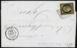 Lettre N°3b 20c Noir Sur Chamois Foncé OBL Grille + T15 "Paris (60)" (1850) Sur Lettre, Certificat Calves, TB - 1849-1850 Ceres