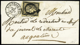 Lettre N°3b 20c Noir Sur Chamois Clair Sur Lettre Pour Angoulême (Charente), Obl. Grille Plus CàD T15 Aubeterre-sur-Dron - 1849-1850 Ceres