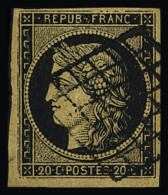 Obl N°3g 20c Noir Sur Fauve, Obl. Grille, TB, R. Signé Calves - 1849-1850 Cérès