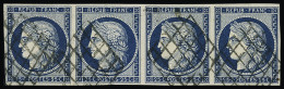 Obl N°4 25c Bleu, Belle Bande De Quatre Obl. Grille, TTB - 1849-1850 Cérès