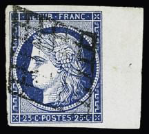 Obl N°4 25c Bleu, Petit Bord De Feuille, Obl. Grille, TTB - 1849-1850 Ceres