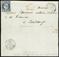 Lettre N°4 OBL PC 1674 + Cursive Rouge "45 Pont De Bordes" + T15 "Lavardac (45)" (Lot-et-Garonne, 1852) Sur Lettre, Ind  - 1849-1850 Ceres