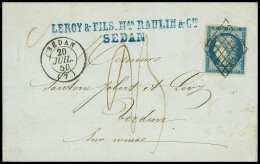 Lettre N°4 25c Bleu Obl. Grille Sur Lettre De Sedan 20.07.1850 Avec Taxe Manuscrite "25" Pour Double Port, TTB - 1849-1850 Cérès