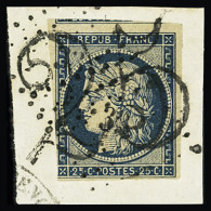 Obl N°4 25c Bleu, Oblitéré Par Cachet Taxe Double Trait 25 Et PC 33 D'Aix-en-Provence (Bouches-du-Rhône) Sur Petit Fragm - 1849-1850 Cérès