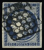 Obl N°4 25c Bleu, Oblitéré Par Grille Très Encrée Donnant Une Pseudo Grille De Chateauroux, TB - 1849-1850 Cérès