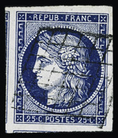 Obl N°4a 25c Bleu Foncé, Avec Trois Voisins à Gauche Et En Bas, Obl. Grille, TTB - 1849-1850 Ceres