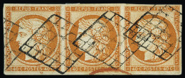Obl N°5 40c Orange, Bande De Trois Bien Margé, Obl. Grille Et Début De Càd Rouge Anglais, Belle Nuance, TTB. Signé A.Bru - 1849-1850 Cérès