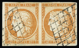 Obl N°5 40c Orange, Paire Oblitérée Grille, Bien Margée, TB. Signé A.Brun - 1849-1850 Cérès