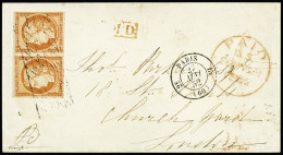Lettre N°5 40c Orange En Paire Bien Margé OBL Grille Sans Fin + CAD T15 "2e Paris 13 (60)" (1852) Sur Lettre Pour Londre - 1849-1850 Cérès