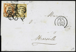 Lettre Taxe Double Trait 25 Frappée 4 Fois Sur N°1 + 5, 10c + 40c Bien Margés, Sur Lettre De Paris 1851 Pour Marseille,  - 1849-1850 Cérès