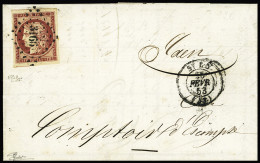 Lettre N°6 1f Carmin Avec Voisins En Haut Et En Bas, Obl. PC 3166 Sur Lettre De Saint-Lô (Manche) Pour Caen (Calvados),  - 1849-1850 Ceres