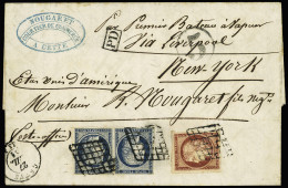 Lettre N°6 + 4 En Paire, Bien Margés, Obl. Grille Sur Lettre De Cette (Hérault) 1851 Pour New-York, Cachet Américain 5,  - 1849-1850 Ceres