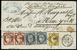 Lettre N°1 + 6 En Paire (touchée) + 4 (x2) Obl. PC Sur Lettre De Cette (Hérault) 1852 Pour New-York, Cachet Boston, TB,  - 1849-1850 Ceres