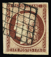Obl N°6b 1f Carmin Foncé, Voisin à Gauche, Obl. Grille Propre, Très Bien Margé, TTB. Signé A.Brun, Cert. JF.Brun - 1849-1850 Cérès