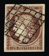 Obl N°6b 1f Carmin Foncé, Obl. Grille, Trois Trous D'épingles, TB D'aspect - 1849-1850 Cérès