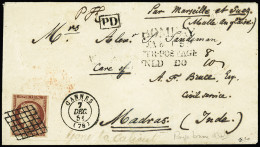 Lettre N°6A 1f Rouge-brun, Bien Margé, Sur Lettre De Cannes 7 Dec 51 Pour Les Indes Anglaises, Cachet De Transit Bombay  - 1849-1850 Ceres