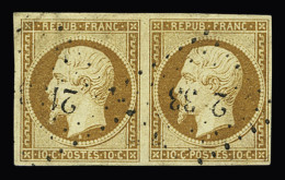 Obl N°9 10c Bistre-jaune En Paire, Obl. PC 2133 (Montréal, Aude), TB. Signé A.Brun - 1852 Louis-Napoleon