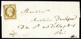 Lettre N°9 10c Bistre-jaune Belles Marges Sur Lettre Locale Obl. étoile Et CàD T17 Paris 11 Août 1853 Au Verso, TB Avec  - 1852 Louis-Napoléon