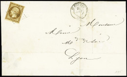 Lettre N°9 10c Bistre-jaune (effleuré En Un Point) Sur Lettre Pour Lyon (Rhône) Avec Obl. PC 3053 (Saint-Etienne, Loire) - 1852 Louis-Napoleon