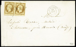 Lettre N°9a 10c Bistre-brun En Paire, Bien Margée Avec Voisins En Bas, Sur Lettre D'Aurillac (Cantal) 19.05.54, TB, R. S - 1852 Louis-Napoleon