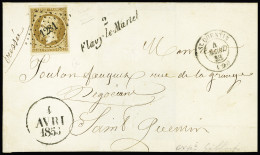 Lettre N°9a 10c Bistre-brun, Bien Margé, Obl. PC 1281 Sur Lettre Avec Cursive "2 Flavy-le-Martel" (Aisne) + Dateur A 1 A - 1852 Louis-Napoleon