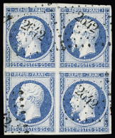 Bloc De 4,obl N°10 25c Bleu, Bloc De 4 Avec Variété Point Blanc Devant Le Cou Sur L'exemplaire SE, Obl. PC 2642 De Reims - 1852 Luigi-Napoleone