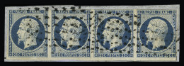 Obl N°10 25c Bleu En Bande De 4 Sur Fragments, Variété "anneau-lune" Sur Le 2è Et 3è Exemplaire, Obl. Gros Points, Deux  - 1852 Luigi-Napoleone