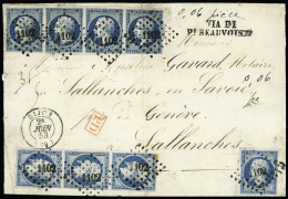 Lettre N°10, Bande De 4 Horizontale + Bande De 3 Verticale + Unité OBL PC 1102 + T15 "Dijon" (Cote-dOr, 1853) Sur Lettre - 1852 Louis-Napoleon