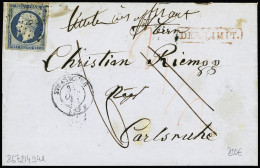 Lettre N°10 25c Bleu OBL PC 2950 + T17 Strasbourg (67) Sur Lettre Insuffisamment Affranchie Pour Carlsruhe Avec Taxe Man - 1852 Luigi-Napoleone