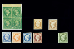 Essai ESSAIS : Petit Groupe Avec Essai Du 1c En Vert à L'envers Sur Papier Baudruche (en Bloc De 4), 10c Bistre, 20c Mar - 1853-1860 Napoléon III