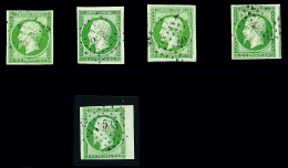 Obl N°12 5c Vert, Sélection De Cinq Timbres Dont Obl. PC 533 De Brionne (Eure) Avec Petit Bdf, Nuances, Voisins, Tous TB - 1853-1860 Napoléon III